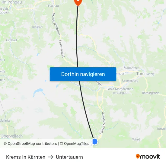 Krems In Kärnten to Untertauern map