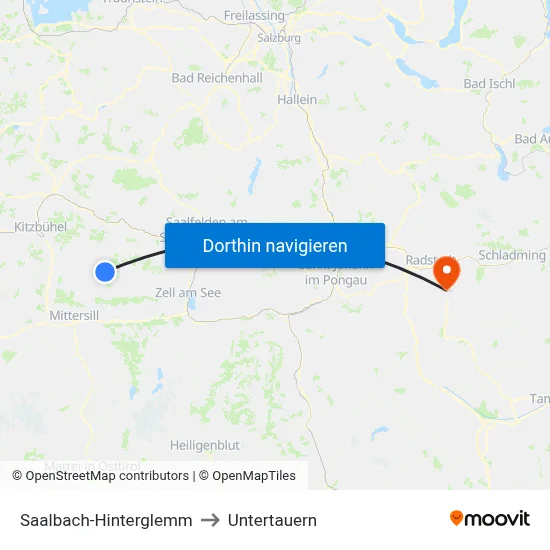 Saalbach-Hinterglemm to Untertauern map