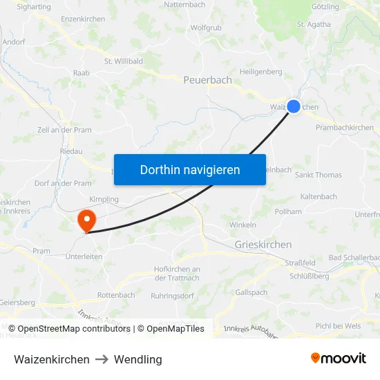 Waizenkirchen to Wendling map
