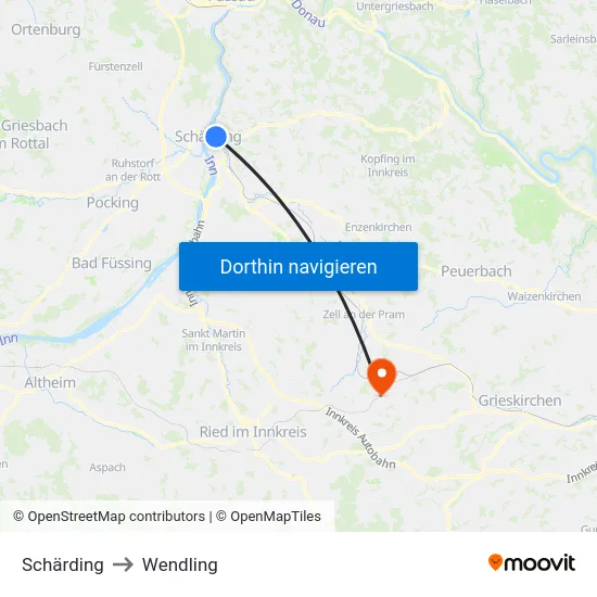 Schärding to Wendling map