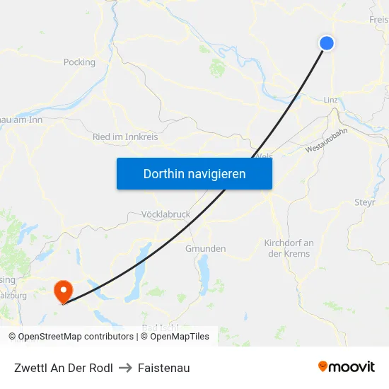 Zwettl An Der Rodl to Faistenau map