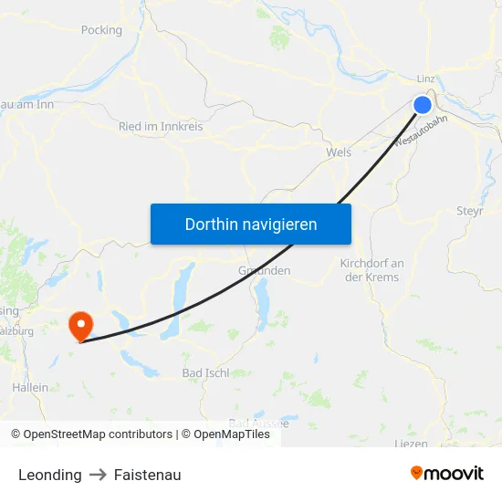 Leonding to Faistenau map