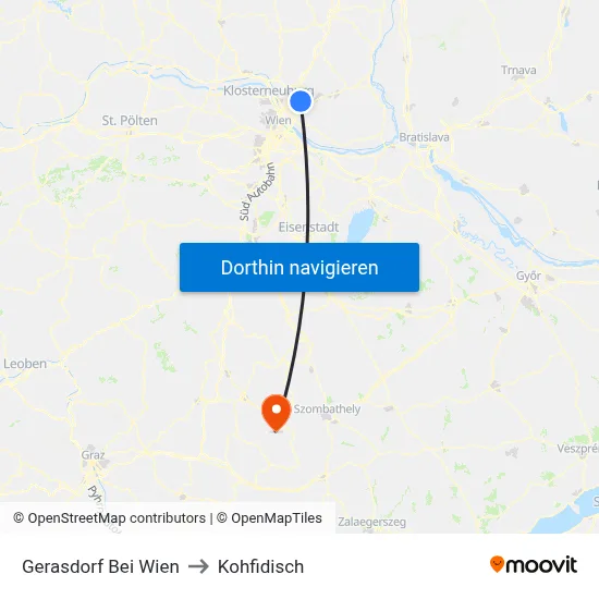 Gerasdorf Bei Wien to Kohfidisch map
