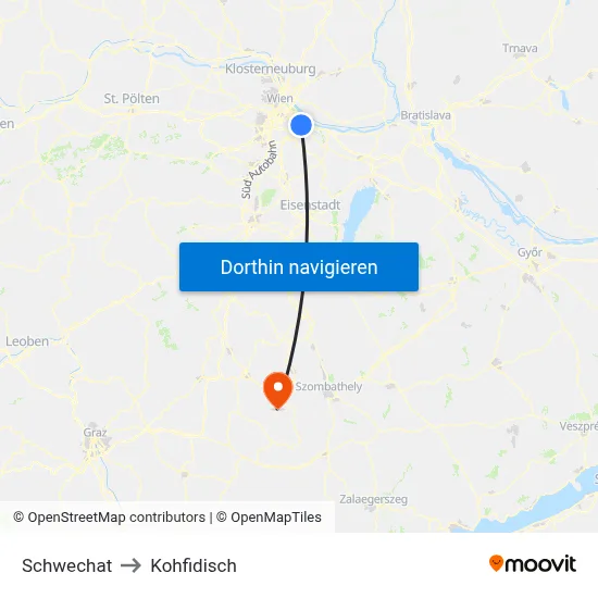 Schwechat to Kohfidisch map