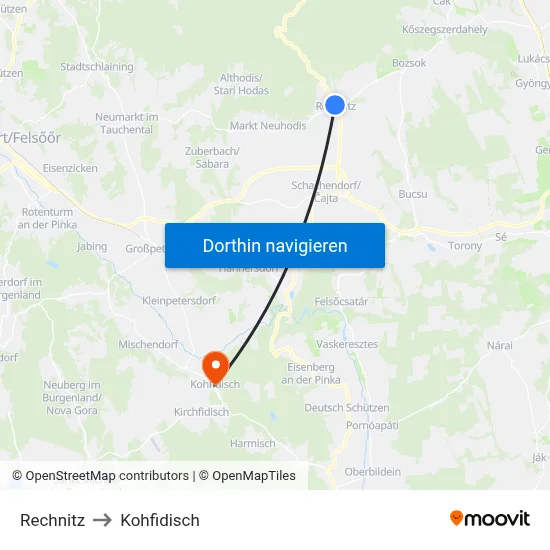 Rechnitz to Kohfidisch map