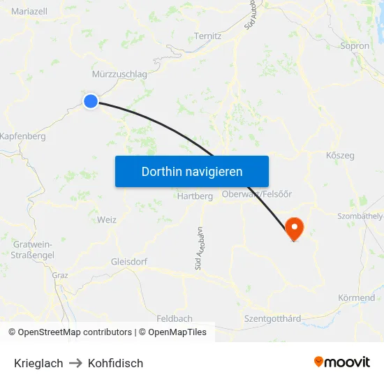 Krieglach to Kohfidisch map