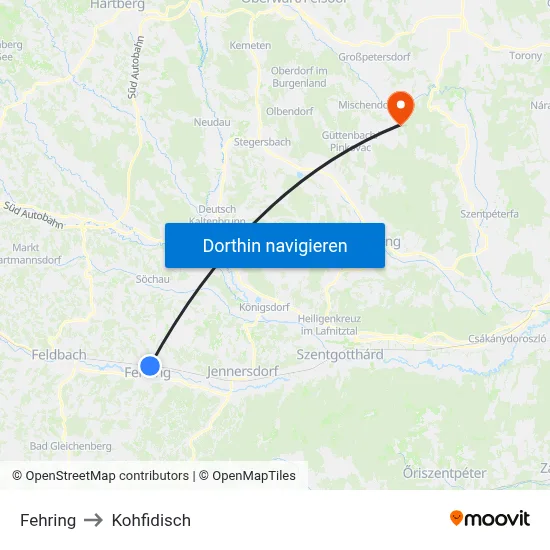 Fehring to Kohfidisch map