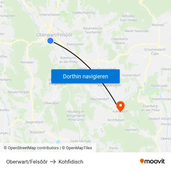 Oberwart/Felsőőr to Kohfidisch map