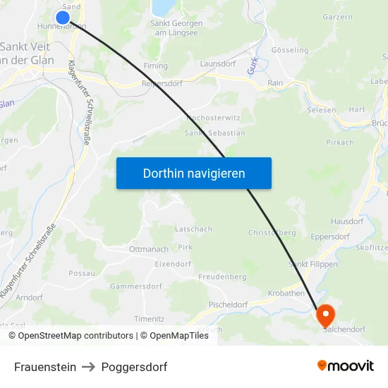 Frauenstein to Poggersdorf map