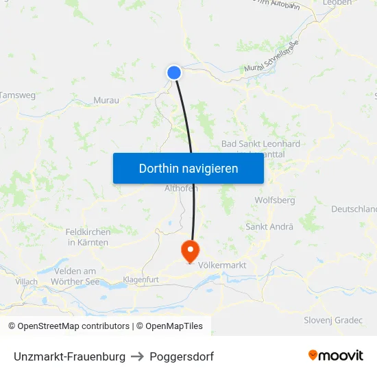 Unzmarkt-Frauenburg to Poggersdorf map