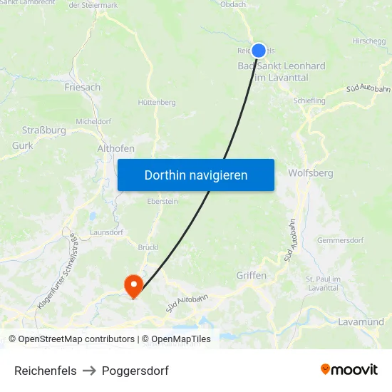 Reichenfels to Poggersdorf map