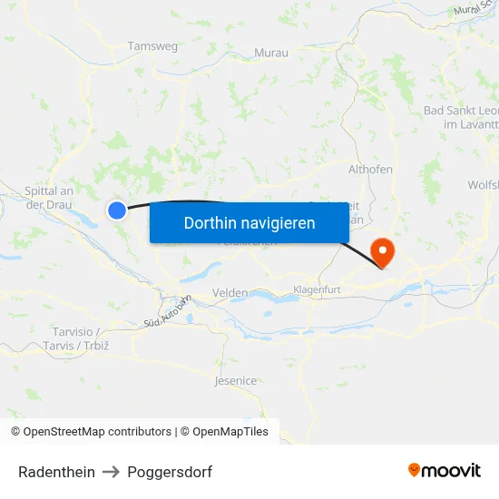 Radenthein to Poggersdorf map