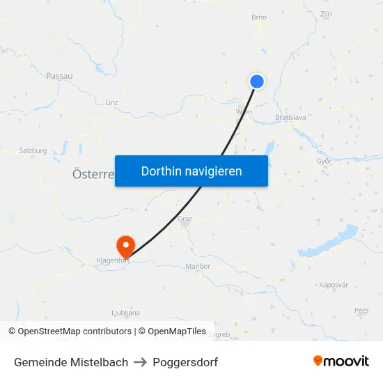 Gemeinde Mistelbach to Poggersdorf map