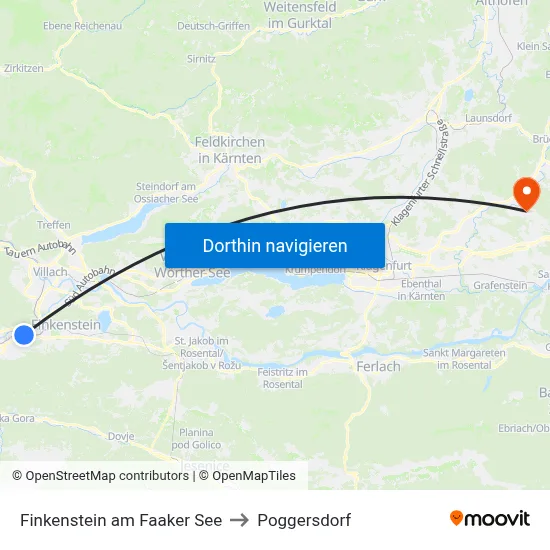 Finkenstein am Faaker See to Poggersdorf map