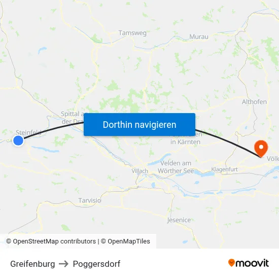 Greifenburg to Poggersdorf map