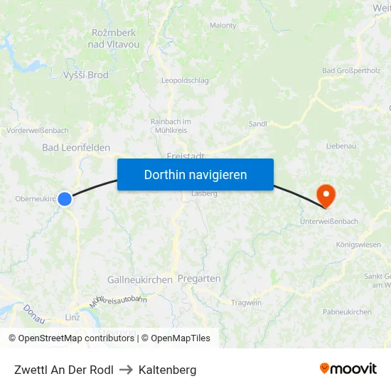Zwettl An Der Rodl to Kaltenberg map