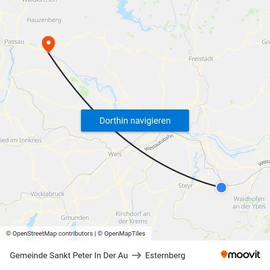 Gemeinde Sankt Peter In Der Au to Esternberg map