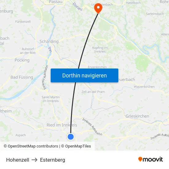Hohenzell to Esternberg map