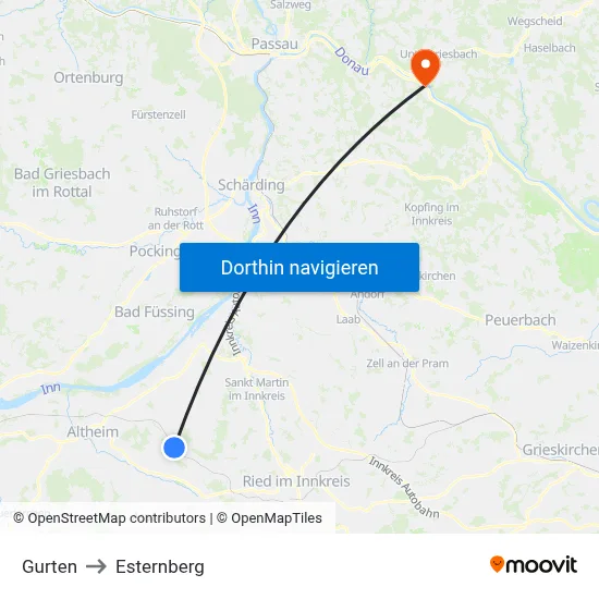 Gurten to Esternberg map