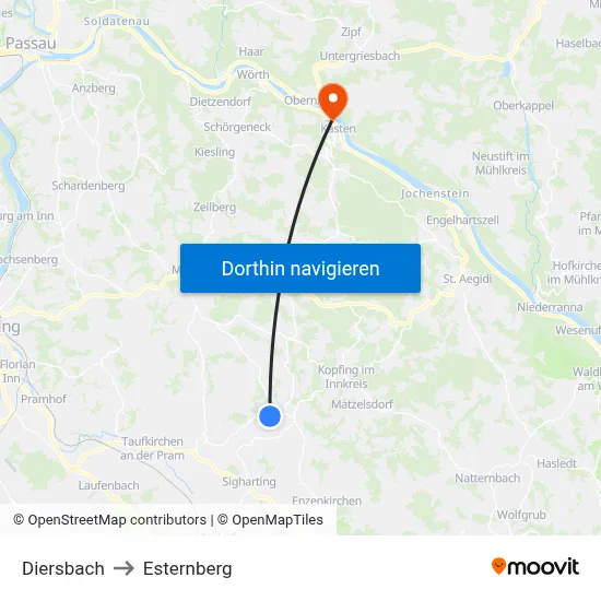 Diersbach to Esternberg map