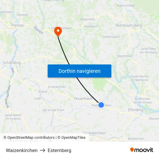 Waizenkirchen to Esternberg map
