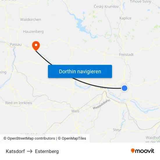 Katsdorf to Esternberg map