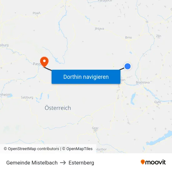 Gemeinde Mistelbach to Esternberg map
