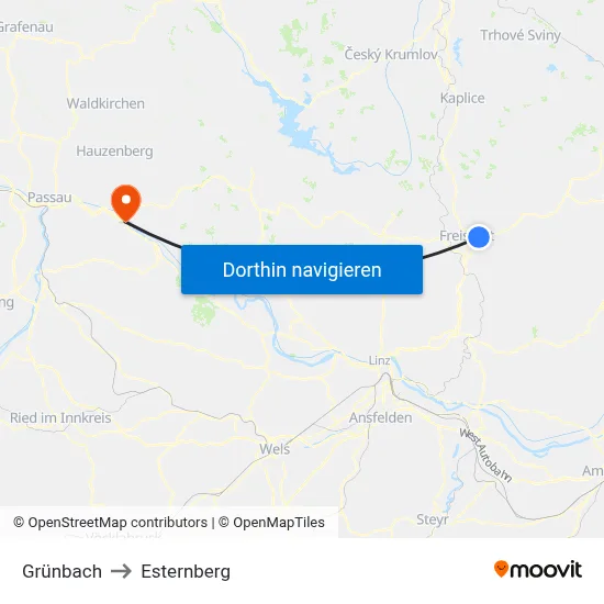 Grünbach to Esternberg map