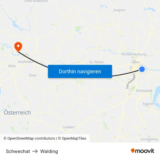 Schwechat to Walding map