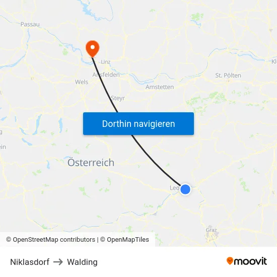 Niklasdorf to Walding map