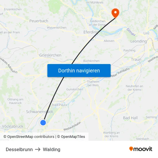 Desselbrunn to Walding map