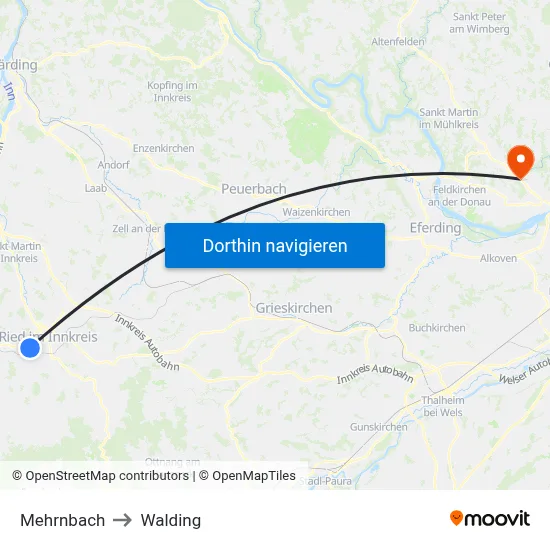 Mehrnbach to Walding map