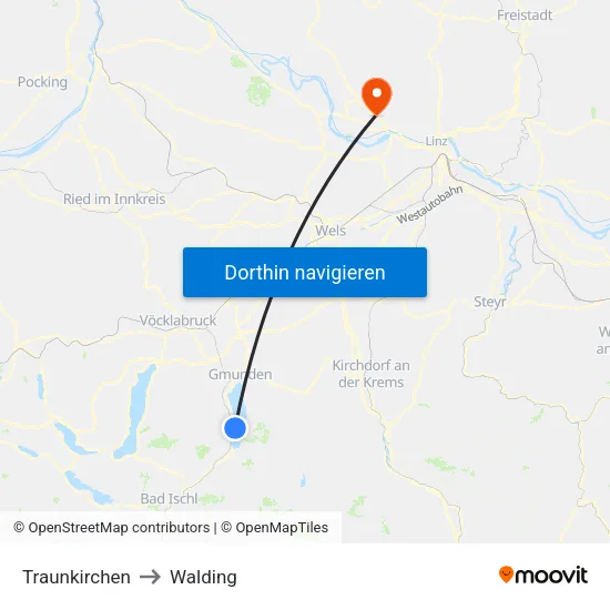 Traunkirchen to Walding map