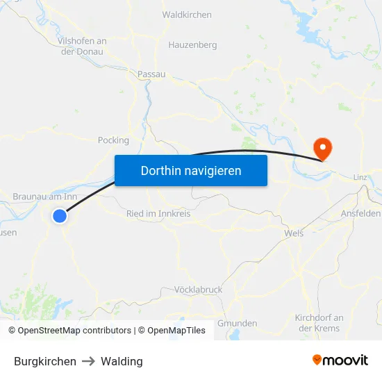 Burgkirchen to Walding map