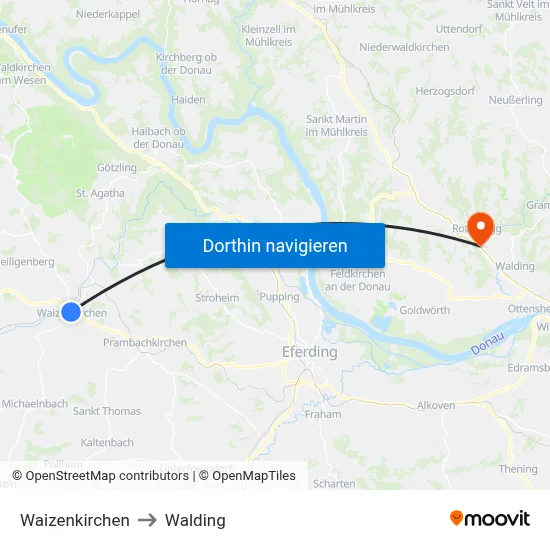 Waizenkirchen to Walding map