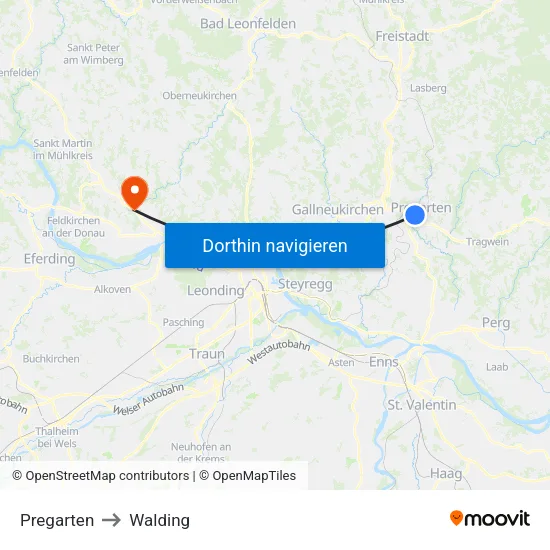 Pregarten to Walding map