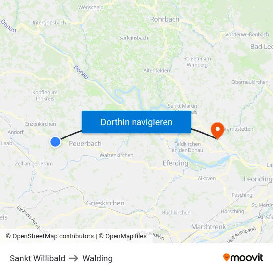 Sankt Willibald to Walding map