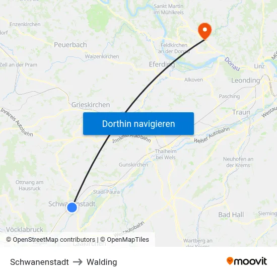 Schwanenstadt to Walding map