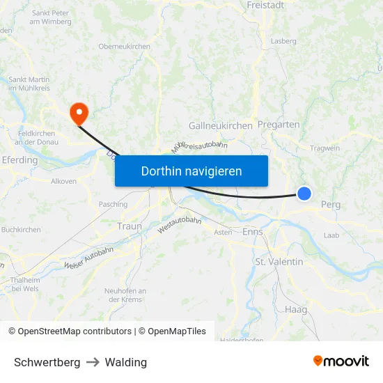 Schwertberg to Walding map