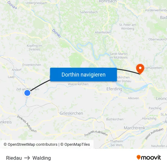 Riedau to Walding map