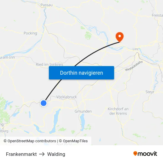 Frankenmarkt to Walding map
