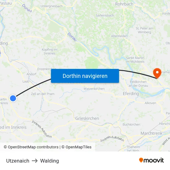 Utzenaich to Walding map