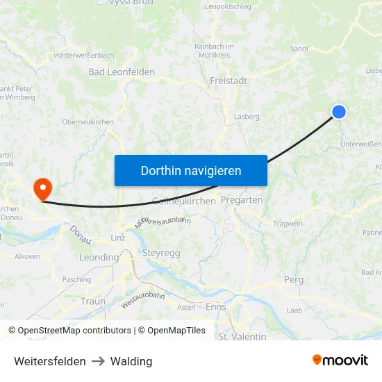 Weitersfelden to Walding map