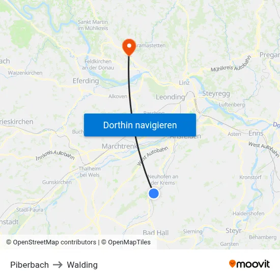 Piberbach to Walding map