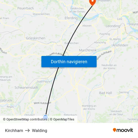 Kirchham to Walding map