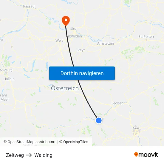 Zeltweg to Walding map