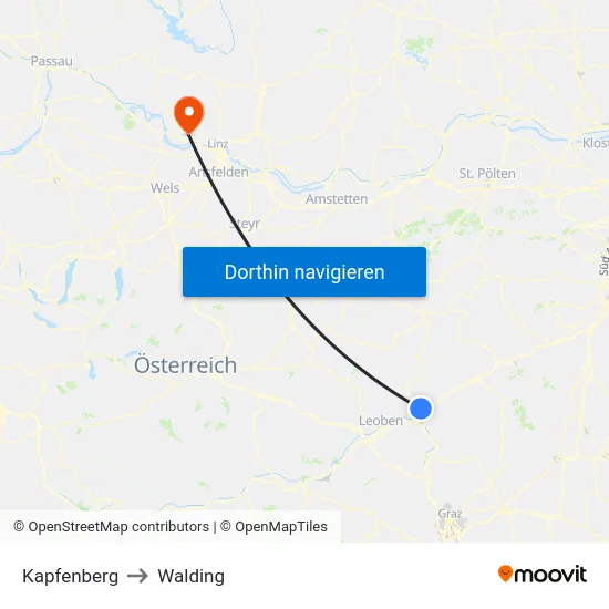 Kapfenberg to Walding map
