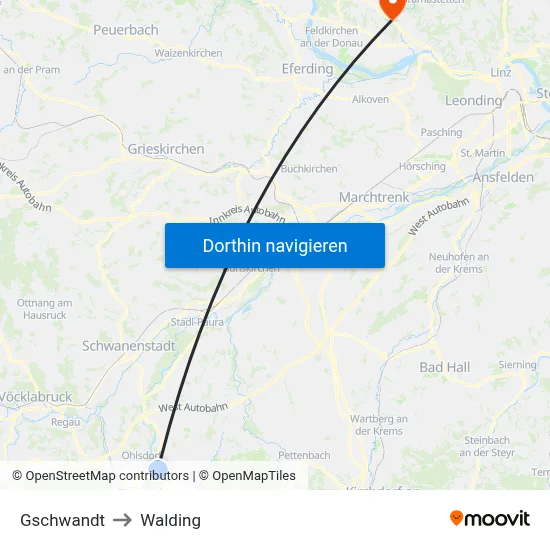 Gschwandt to Walding map