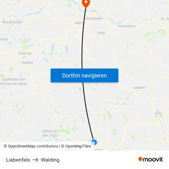Liebenfels to Walding map