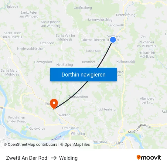 Zwettl An Der Rodl to Walding map